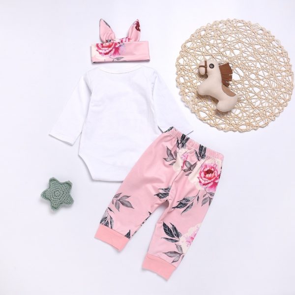 Conjunto de ropa para niña recién nacida, blusa para hermana pequeña, monos + Pantalones de mallas florales + diadema de lazo, conjunto de Mono para niña pequeña 2018 3