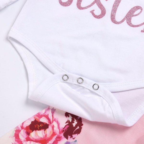 Conjunto de ropa para niña recién nacida, blusa para hermana pequeña, monos + Pantalones de mallas florales + diadema de lazo, conjunto de Mono para niña pequeña 2018 5