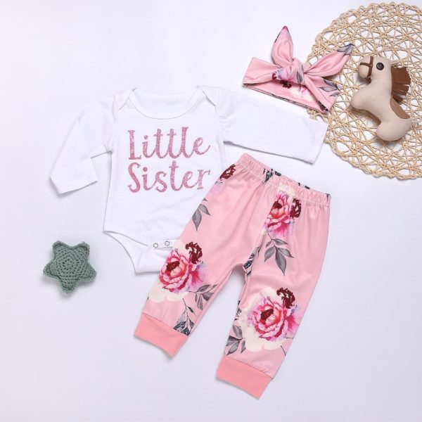 Conjunto de ropa para niña recién nacida, blusa para hermana pequeña, monos + Pantalones de mallas florales + diadema de lazo, conjunto de Mono para niña pequeña 2018 2